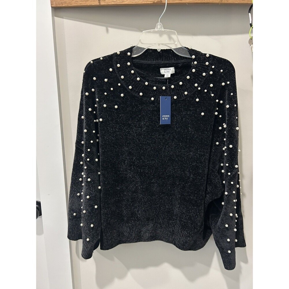 Crown & Ivy Black Chenille Sweater with Pearls size Medium Holiday Cozy Preppy